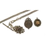 Victorian silver watch chain, T bar and jewel and two others including Dover Charity Cup 1926-27,