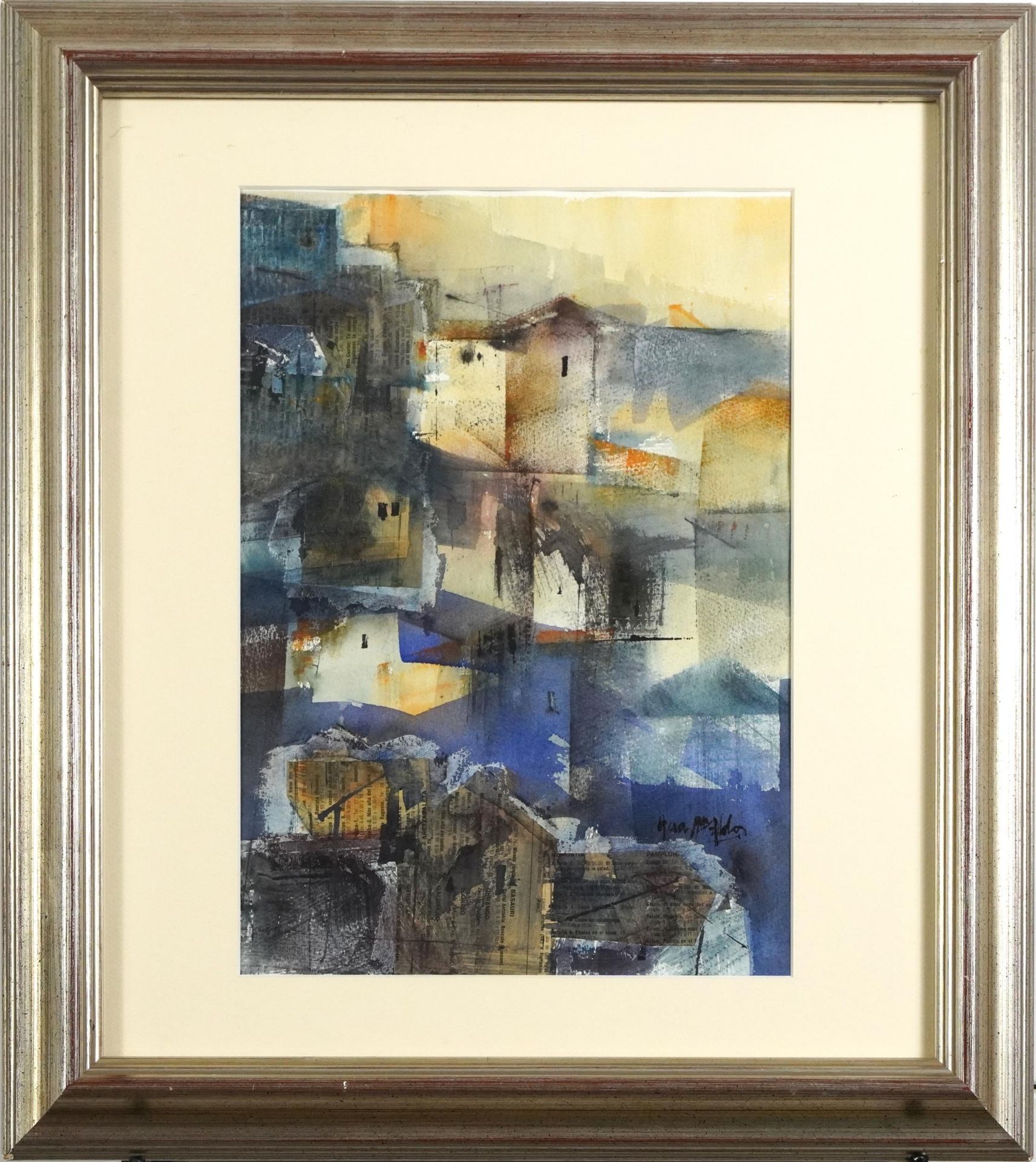 Abstract composition, buildings, mixed media and collage, indistinctly signed in ink, mounted, - Bild 2 aus 4