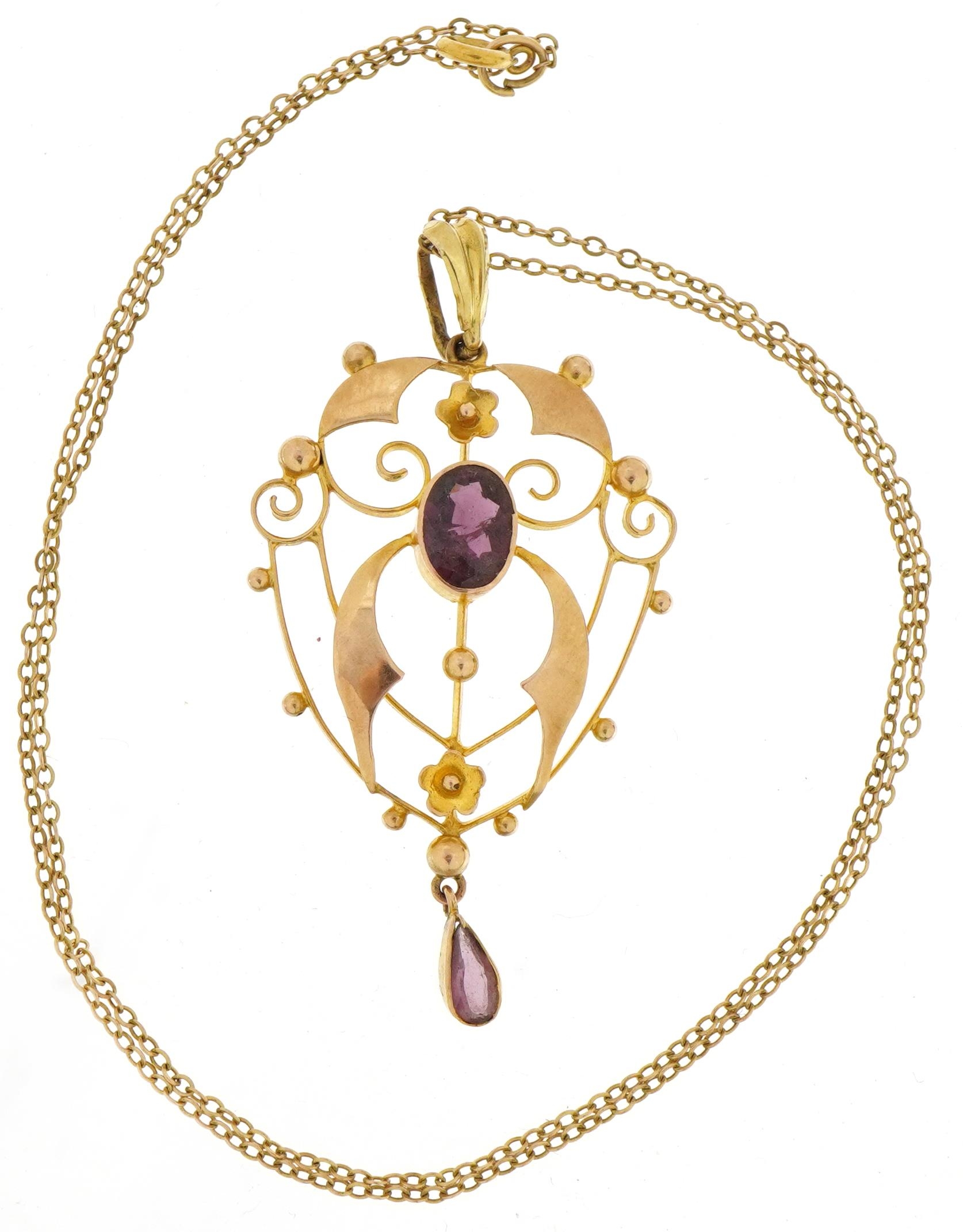 Edwardian 9ct gold openwork pendant set with two amethysts on a 9ct gold Belcher link necklace, 5. - Image 2 of 4