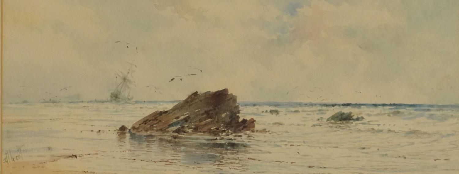 Albert Ernest Markes - Coastal scene with seagulls and ships, late 19th century watercolour, chalk