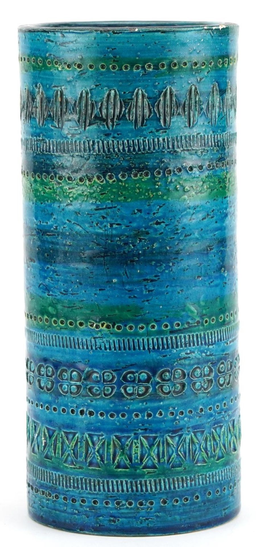 Bitossi, 1970s Italian cylindrical vase with various impressed motifs, inscriptions to the base, - Image 2 of 3