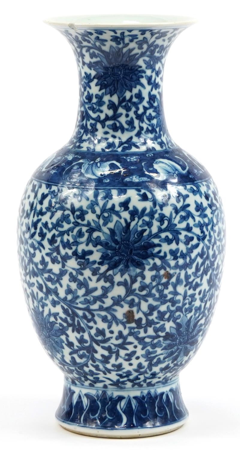 Chinese blue and white porcelain vase hand painted with bats and flower heads amongst scrolling - Image 2 of 3