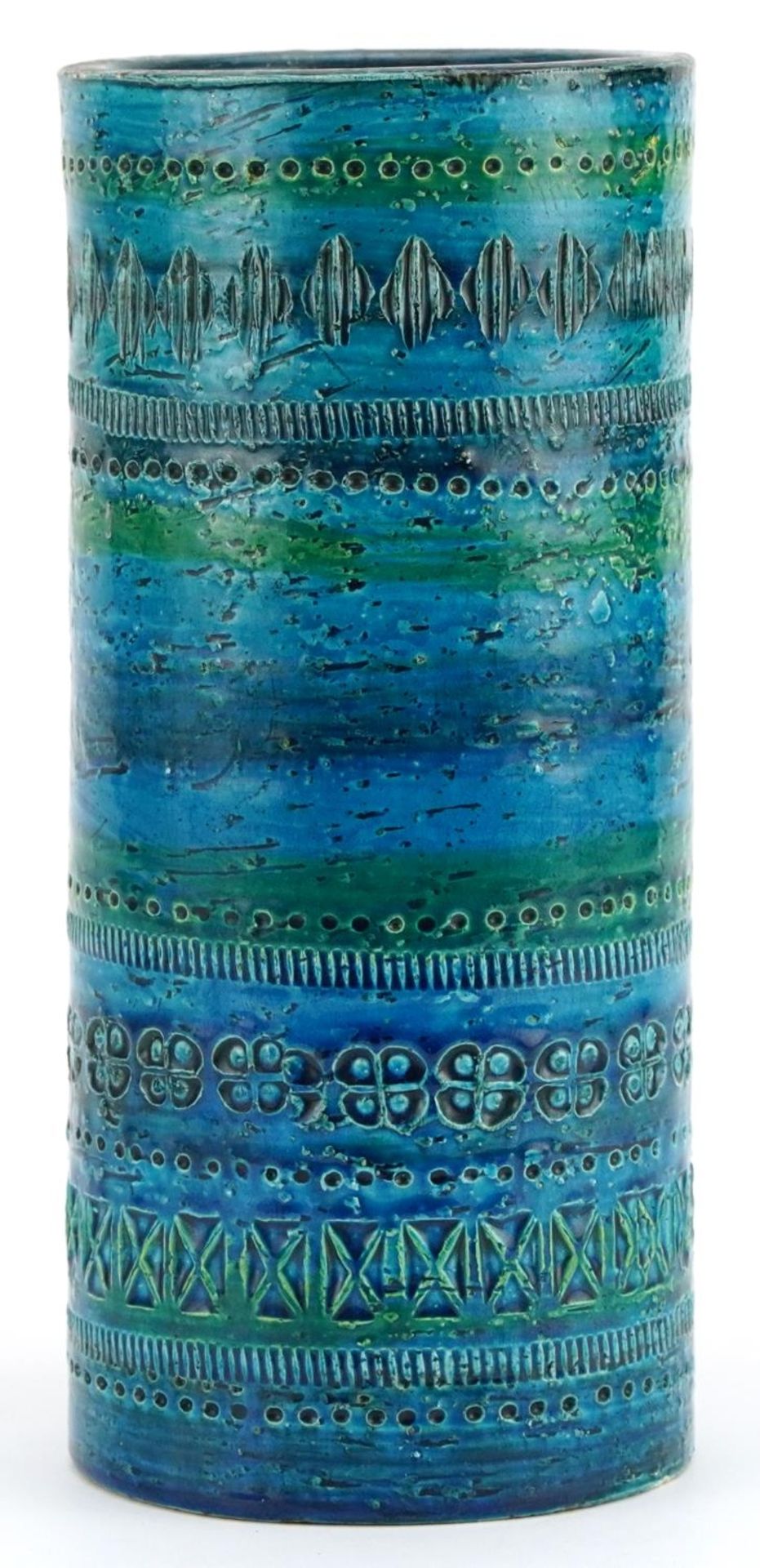 Bitossi, 1970s Italian cylindrical vase with various impressed motifs, inscriptions to the base,