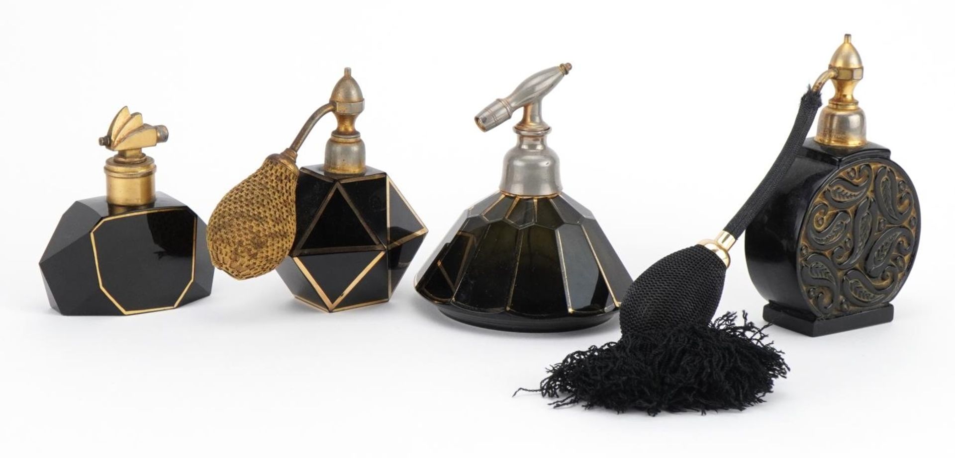 Four French Art Deco black glass atomisers including three with gilt decoration, one stamped - Image 2 of 4