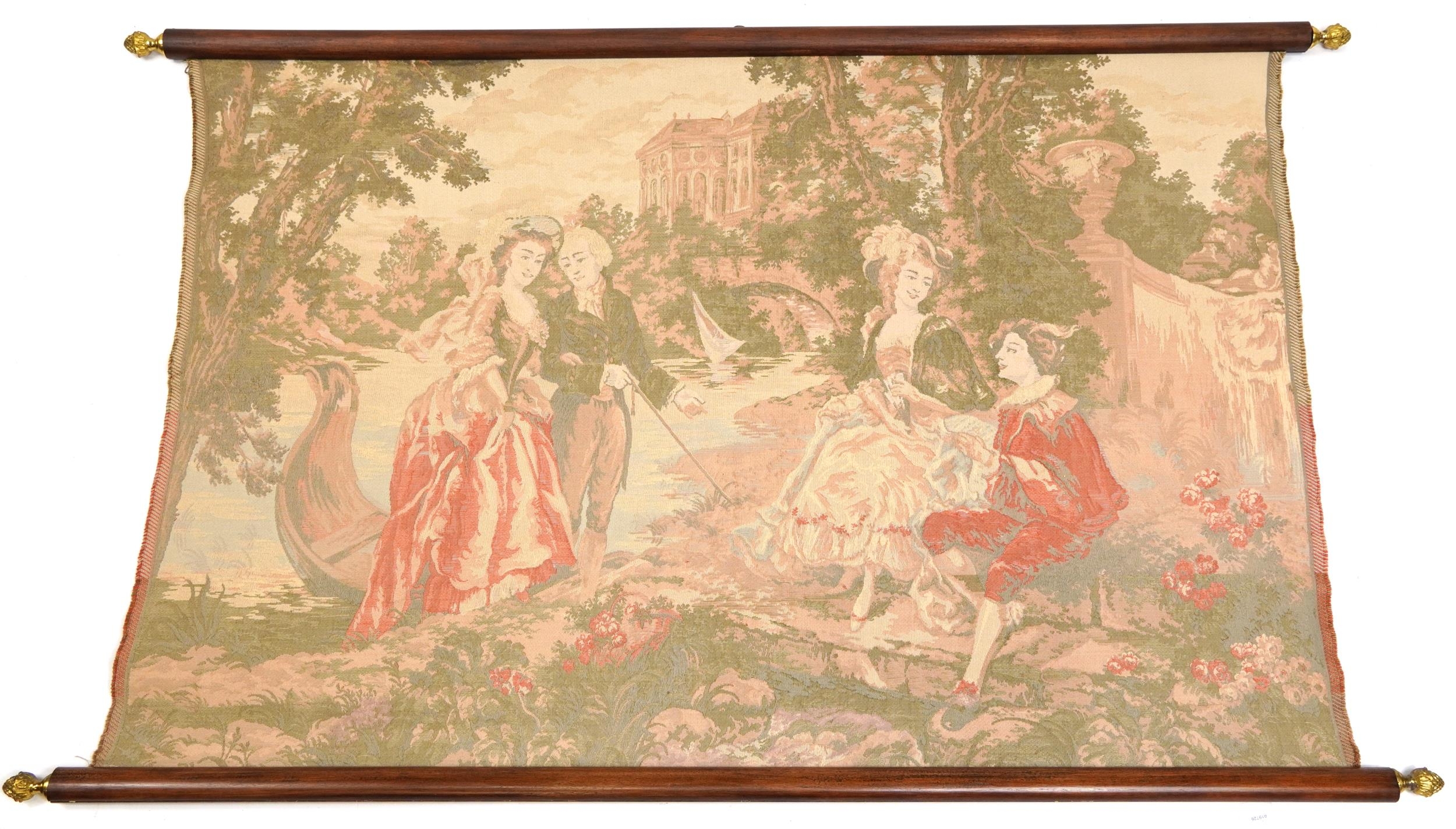 Mahogany and brass mounted tapestry woven with courting couple before a stately home, 160cm x 96cm - Image 2 of 2