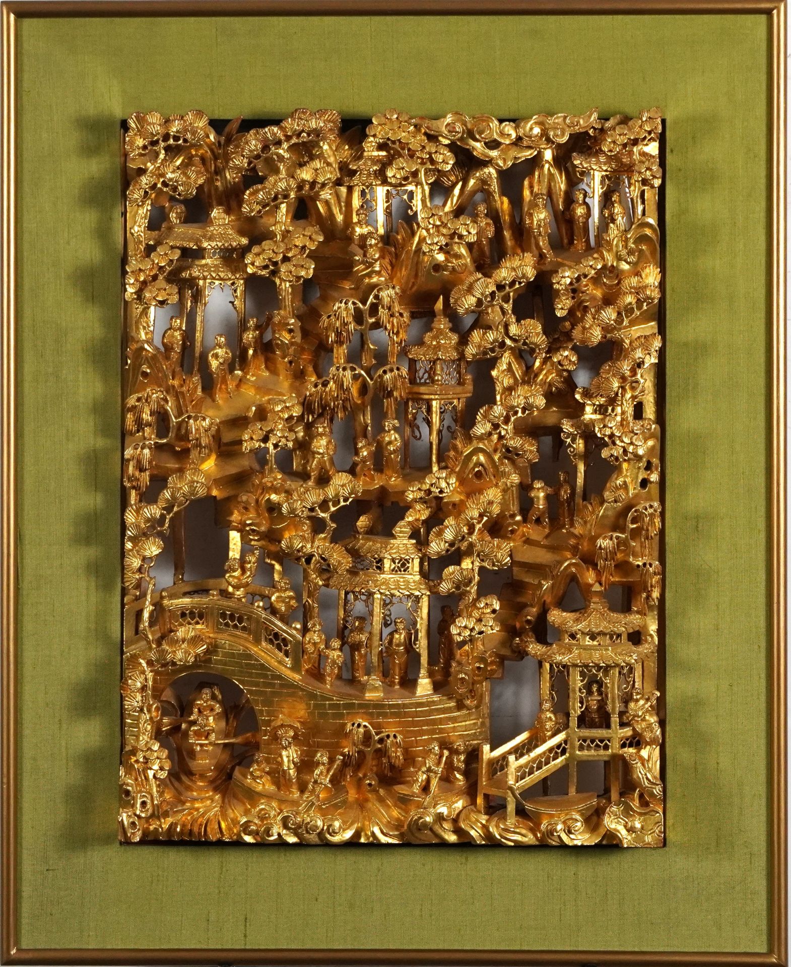 Two Chinese giltwood panels deeply carved with an Emperor and attendant and with figures crossing - Image 6 of 8
