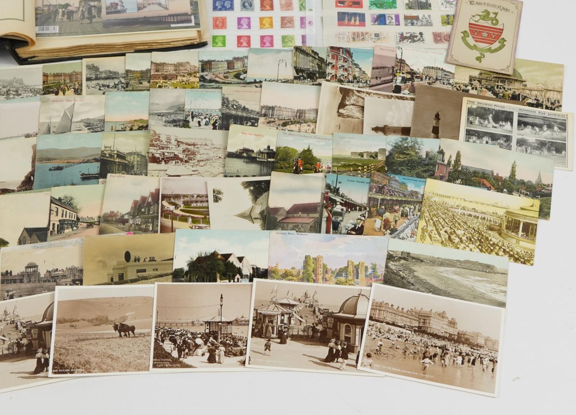 Antique and later ephemera including topographical postcards and stamps arranged in an album - Bild 6 aus 8