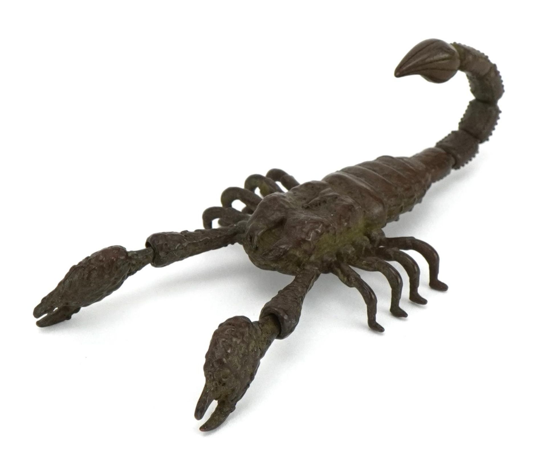 Japanese patinated bronze scorpion with articulated claws and tail, 9cm in length