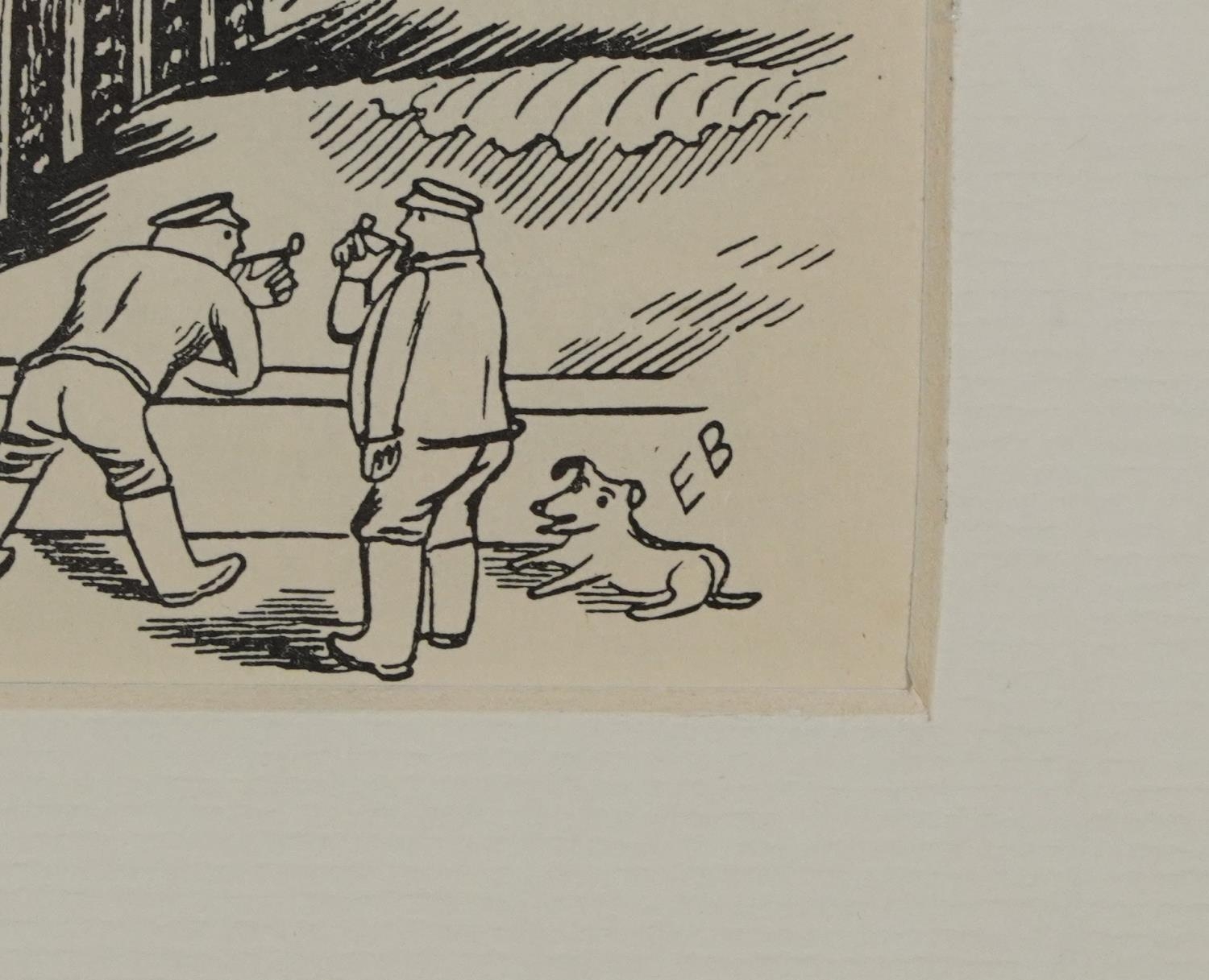 Edward Bawden - Figures on a pier, mid 20th century print, inscribed verso Line drawing from - Image 3 of 5