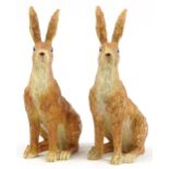 Pair of painted carved wood seated hares, 34cm high