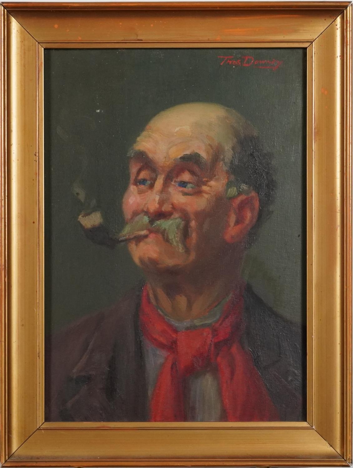 Thomas Downey - Head and shoulders portrait of a gentleman with a moustache smoking a pipe, oil on - Image 2 of 4