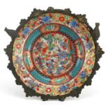 Chinese porcelain soup bowl with gilt metal mounts hand painted with flowers, 25cm in diameter