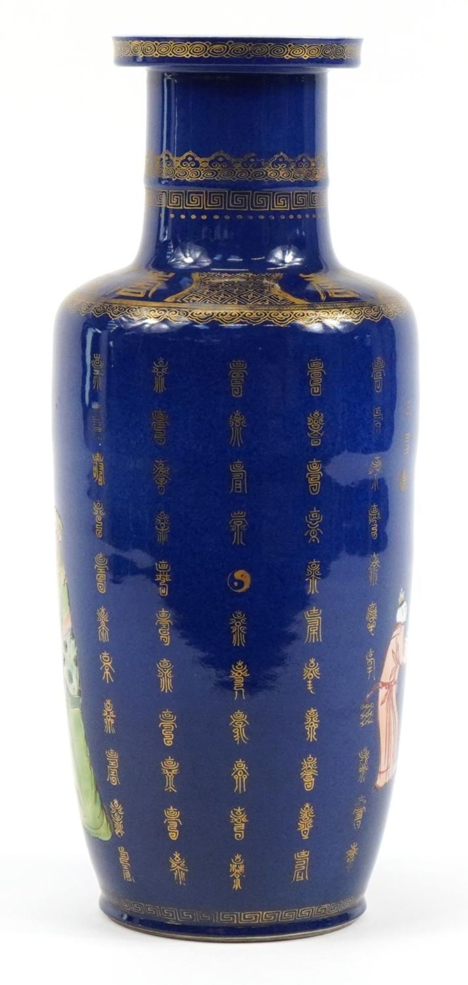 Chinese porcelain powder blue ground Rouleau vase hand painted in the famille verte palette with - Bild 2 aus 3