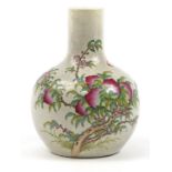 Chinese porcelain vase hand painted in the famille rose palette with bats amongst peach trees,