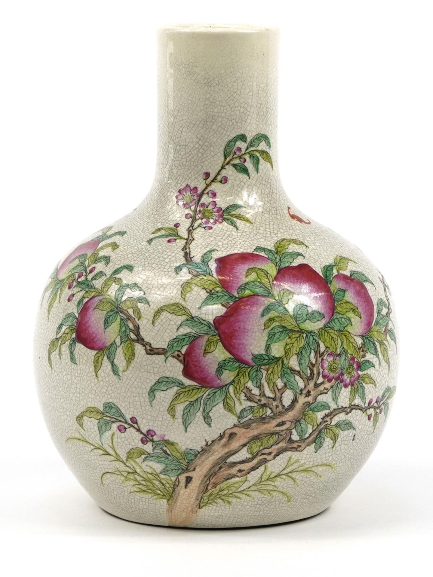Chinese porcelain vase hand painted in the famille rose palette with bats amongst peach trees,