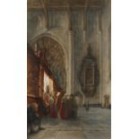 Jules Victor Genisson - Cathedral interior with figures, 19th century Belgian signed watercolour,
