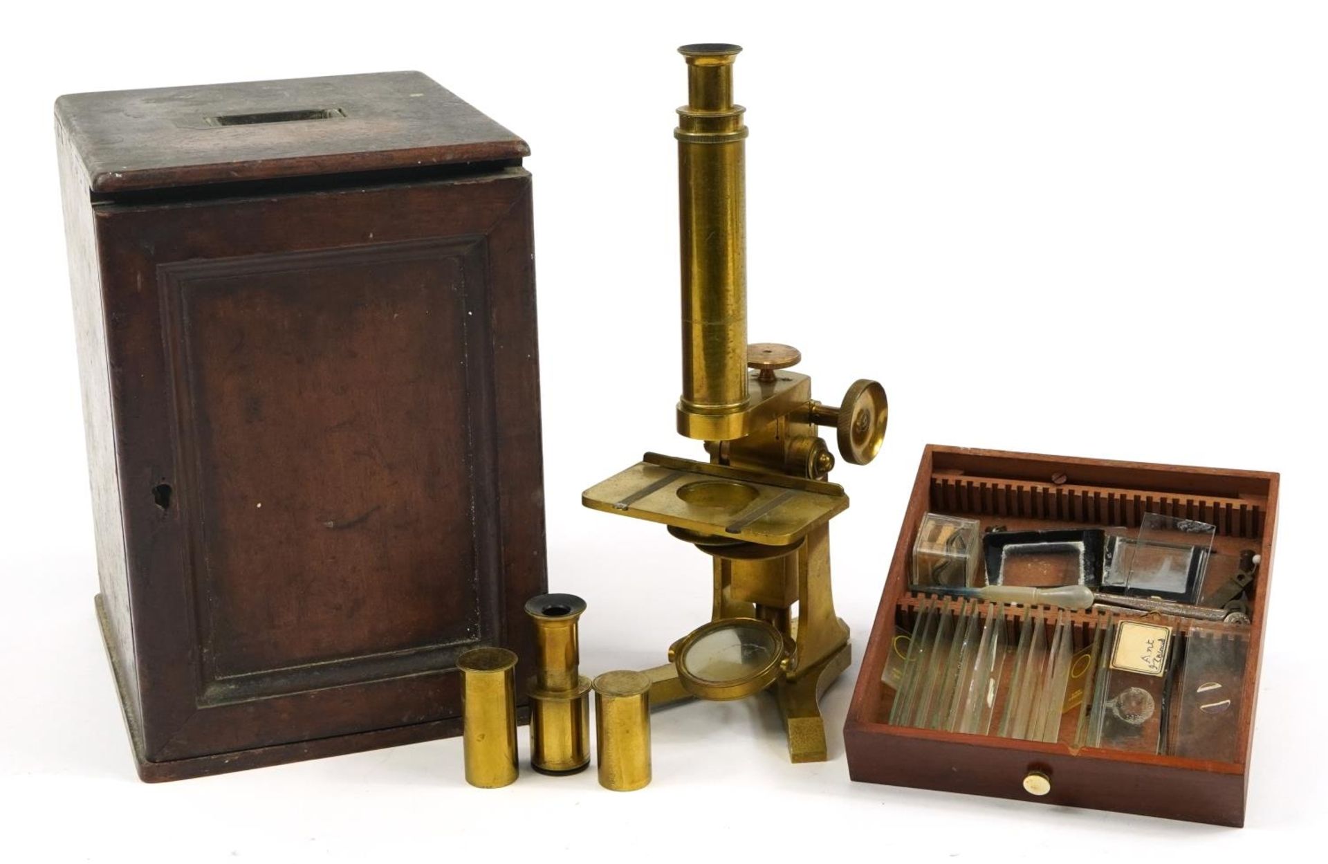 Moritz Pillischer of London, early 19th century brass compound monocular microscope with mahogany