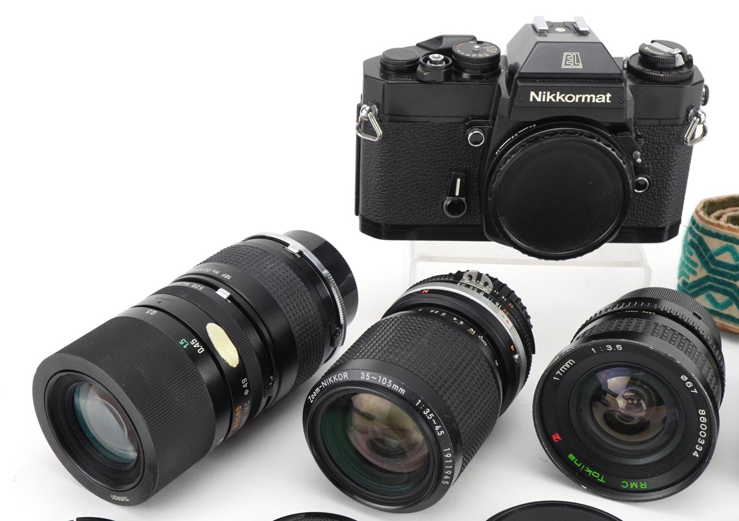 Nikkormat EL camera with four lenses comprising Tamron 90mm, Tokina 17mm, Nikkor 55mm and Kikkor - Image 2 of 5