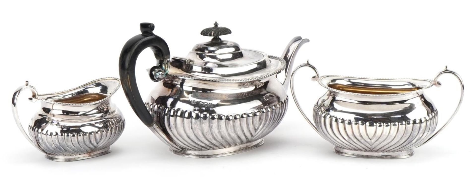 Victorian silver three piece tea service, the teapot with wooden handle and knop, G H maker's mark - Image 2 of 4