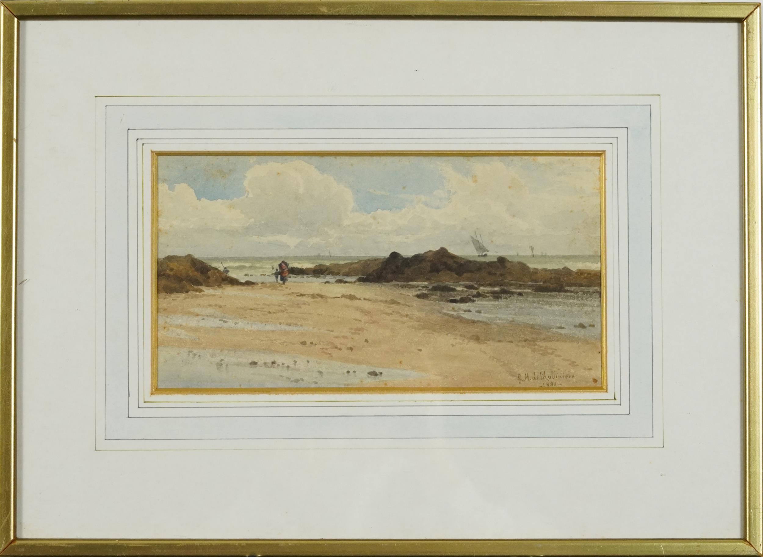 Georgina de L'Aubiniere 1880 - Coastal scene with figures, late 19th century watercolour, mounted, - Image 2 of 4