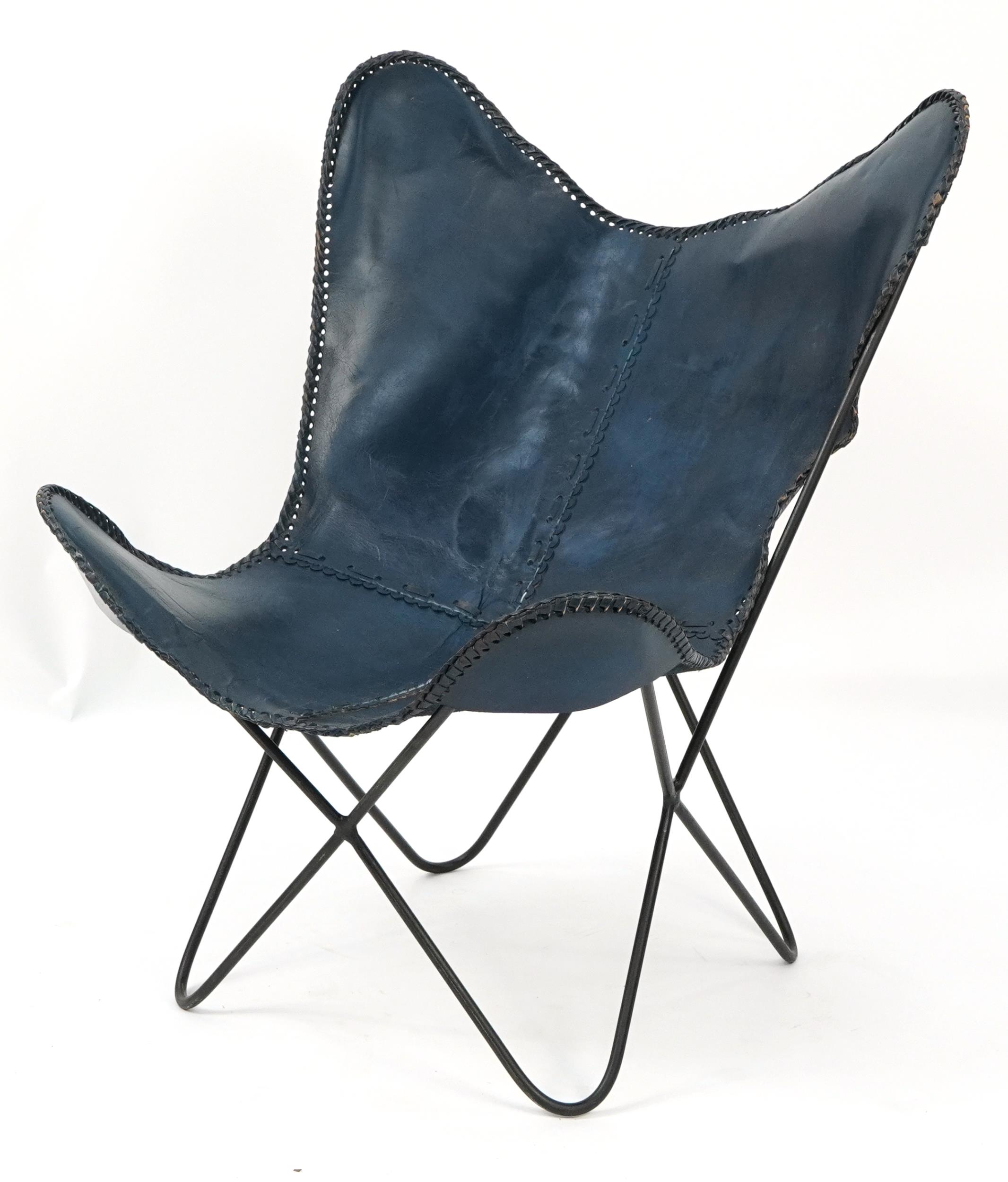 Industrial style blue leather and wrought iron tub chair, 92cm high