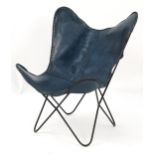 Industrial style blue leather and wrought iron tub chair, 92cm high