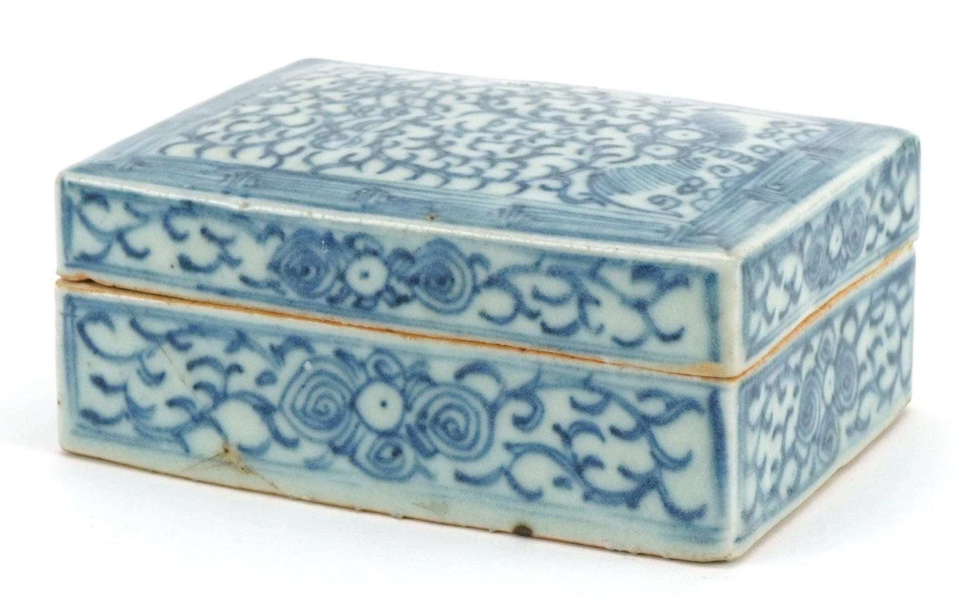 Chinese blue and white porcelain box and cover hand painted with flowers, incised with calligraphy - Bild 3 aus 4