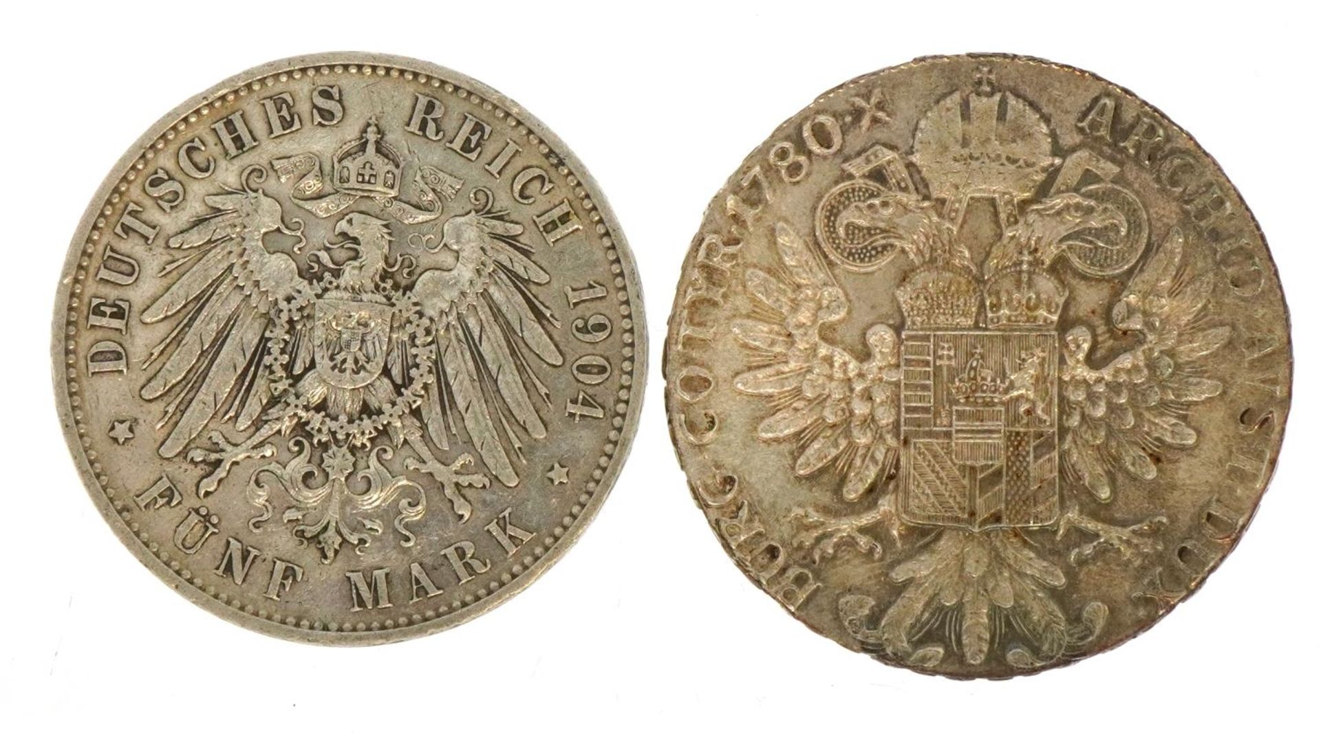 German 1904 five Mark and a Maria Theresa thaler