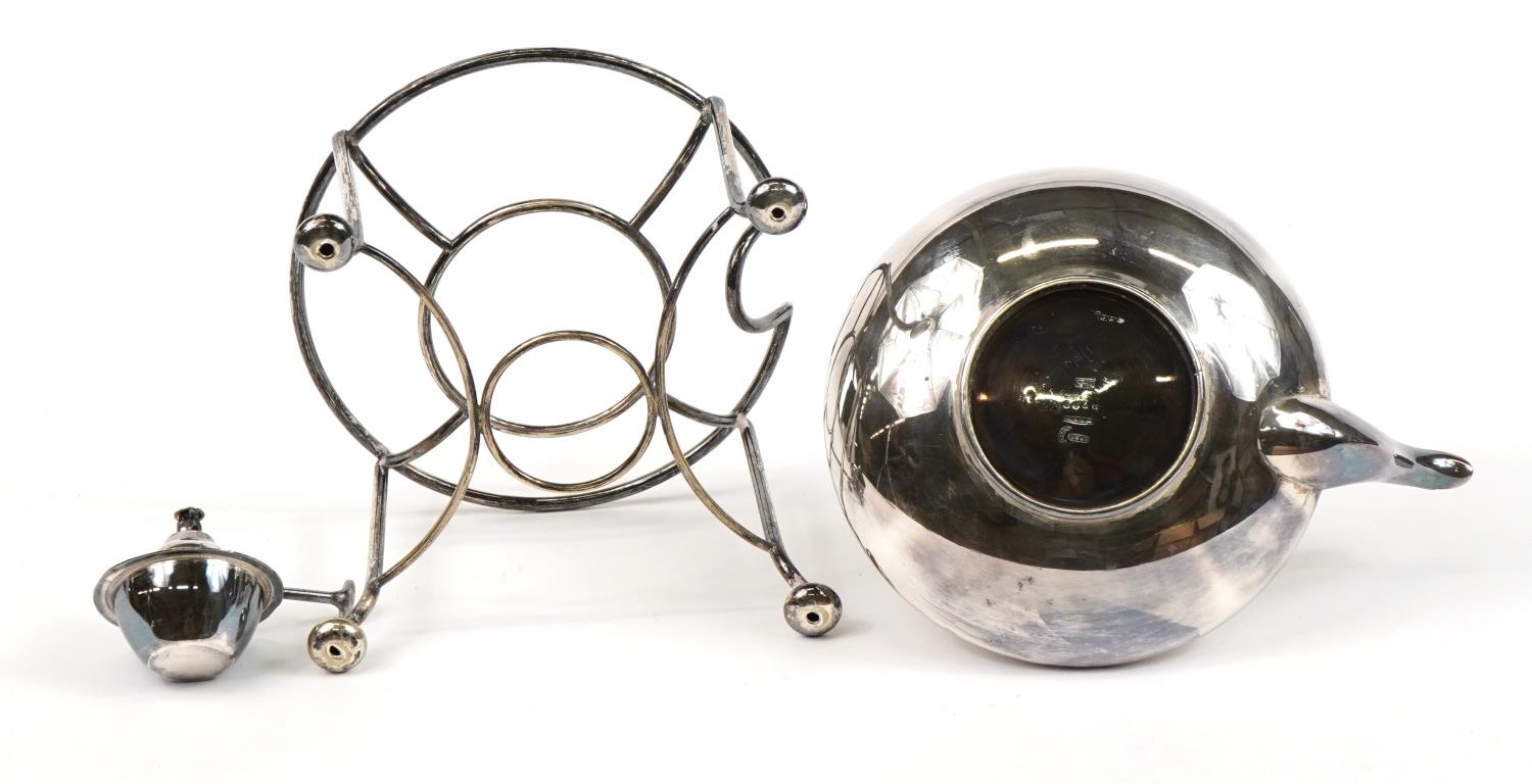 Art Deco silver plated teapot on stand with burner and ebonised mounts, 30cm high - Image 3 of 4