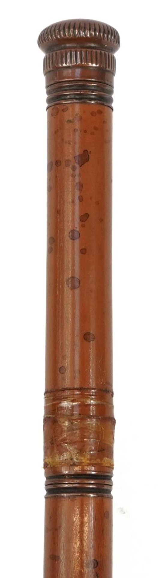 Wooden prohibition walking stick housing a glass vessel, 89cm in length