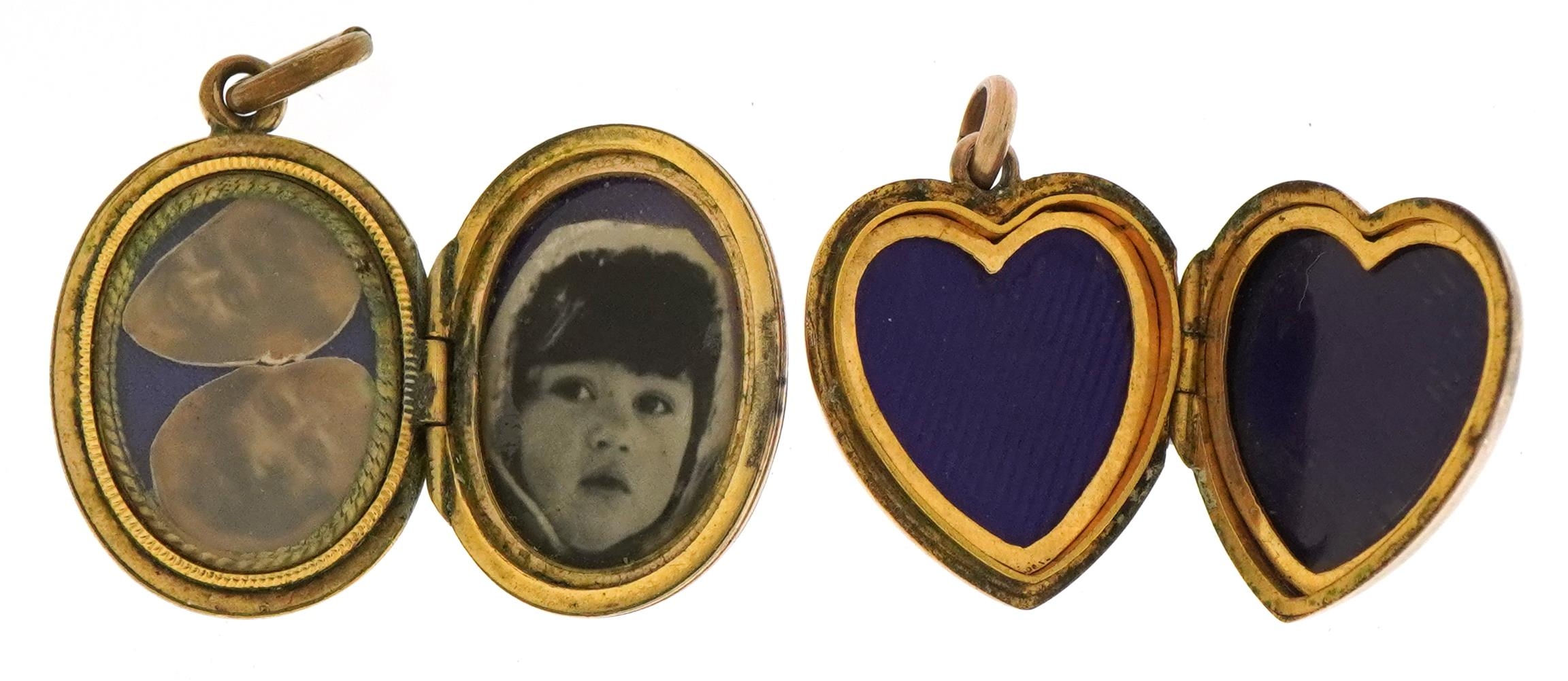 Two yellow metal lockets including one in the form of a love heart set with seed pearls and pink - Image 2 of 3