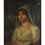 Head and shoulders portrait of a lady wearing white veil and coral necklace, late 18th/early 19th