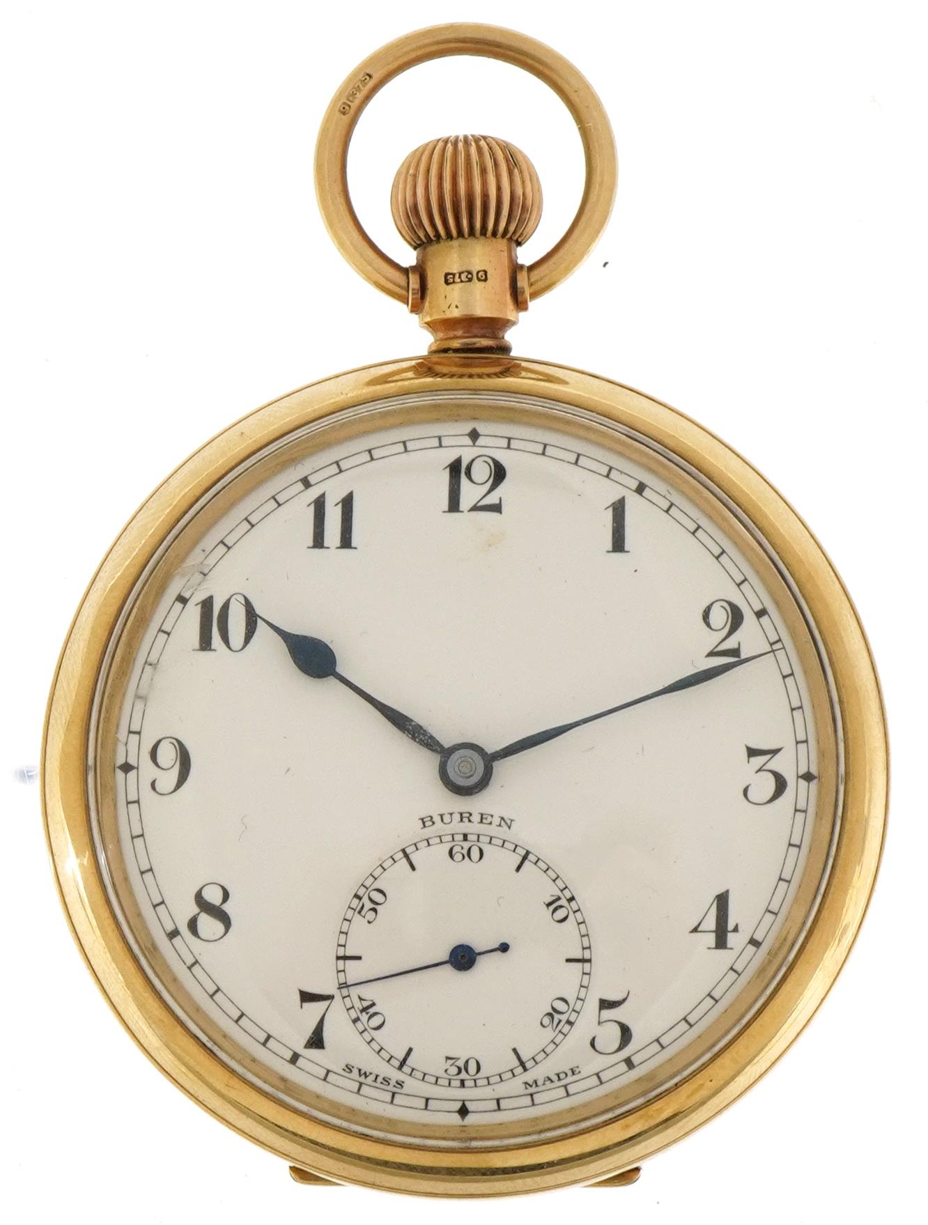 Buren, gentlemen's Buren 9ct gold open face pocket watch with subsidiary dial, the case numbered