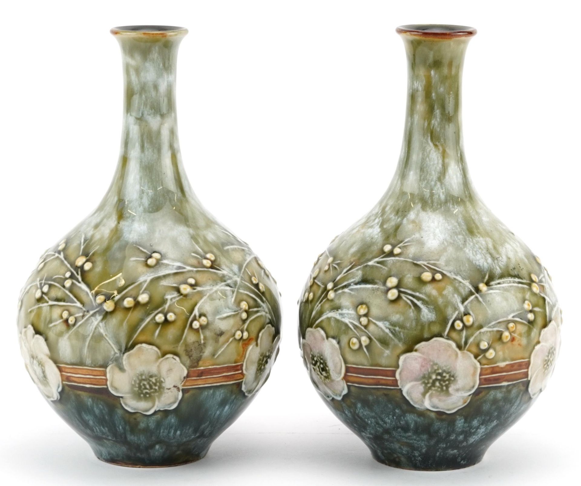 Eliza Simmance for Royal Doulton, pair of Art Nouveau stoneware vases hand painted with flowers,
