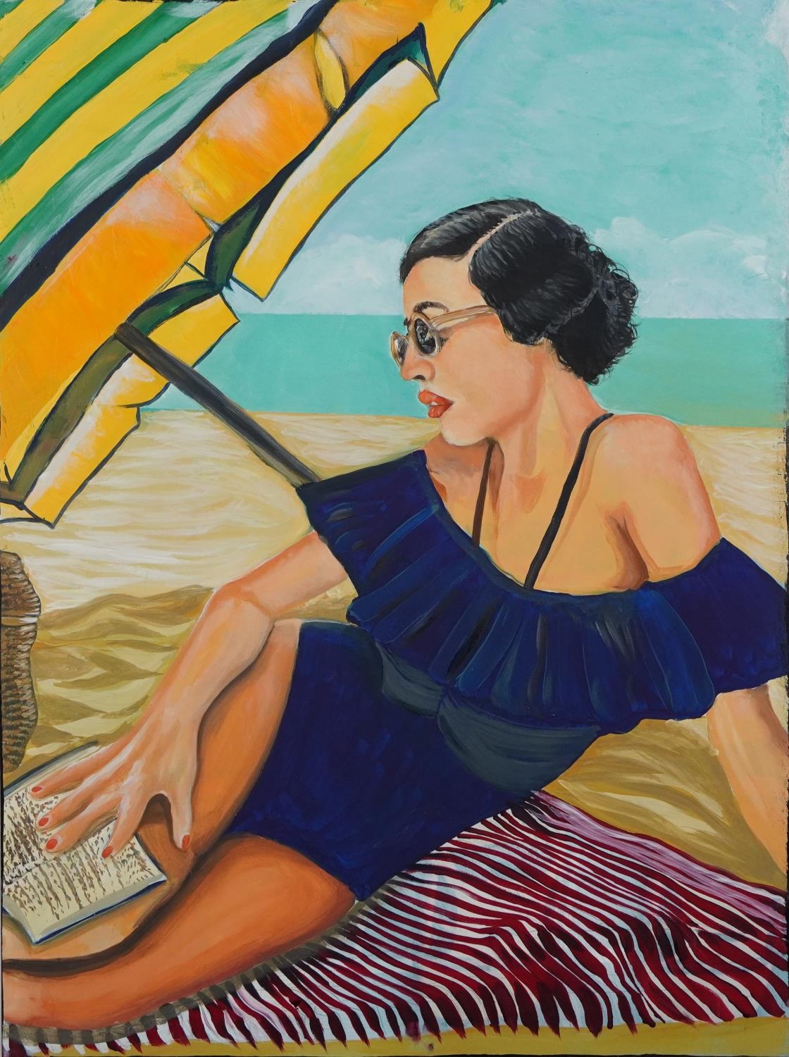 Clive Fredriksson - Art Deco female sunbathing beneath and umbrella, oil on canvas, unframed, 80cm x