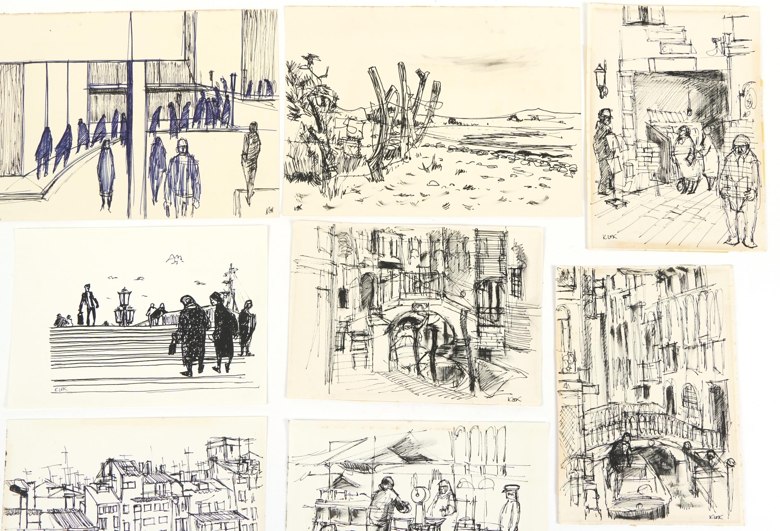 Karel Lek - Street scenes, figures and townscapes, ten Welsh ink and wash on paper, unframed, the - Image 3 of 6