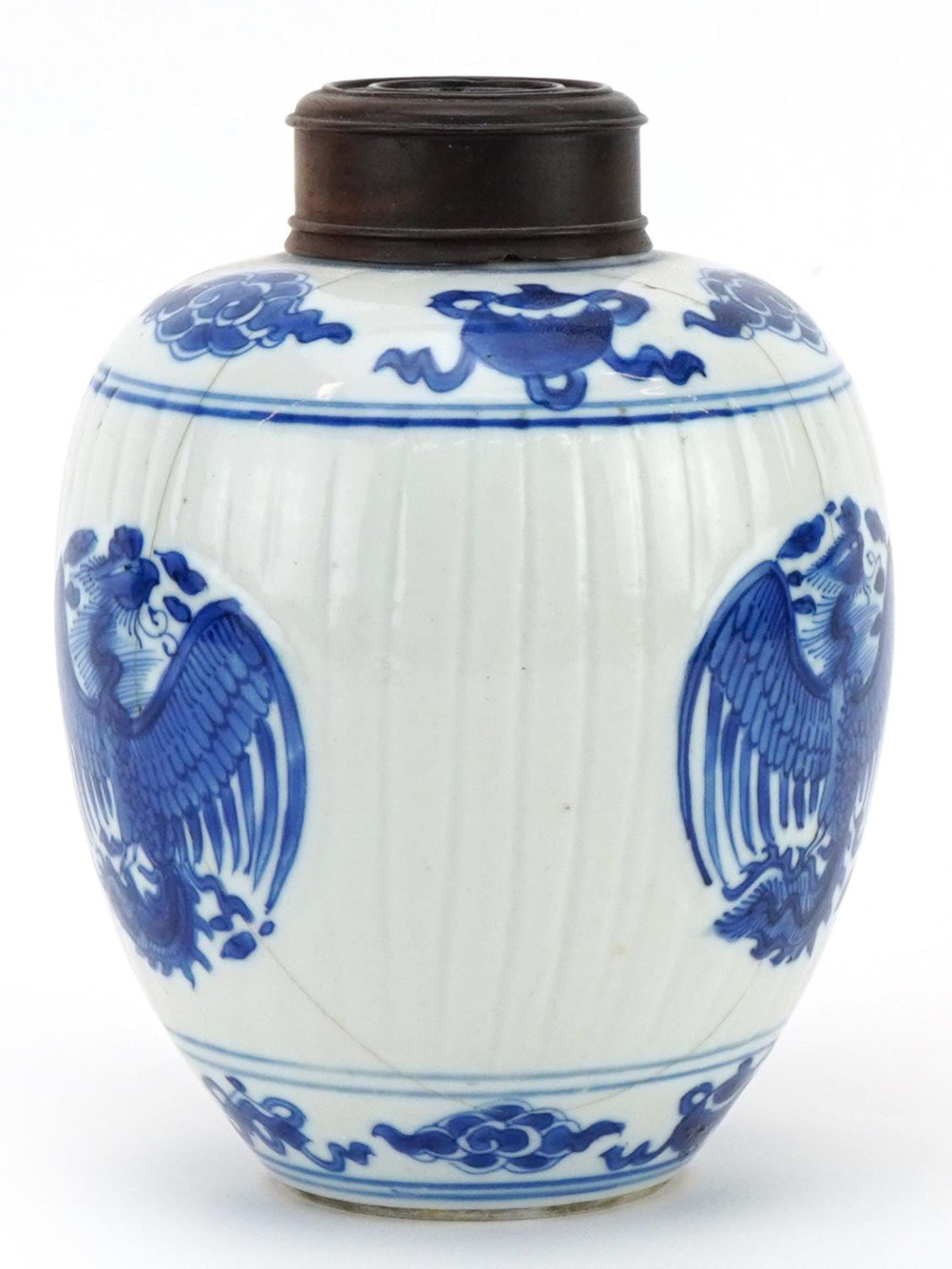 Chinese blue and white porcelain ginger jar with hardwood lid hand painted with females and flowers, - Bild 2 aus 4