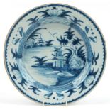 18th/19th century Delft blue and white tin glazed charger hand painted in the chinoiserie manner