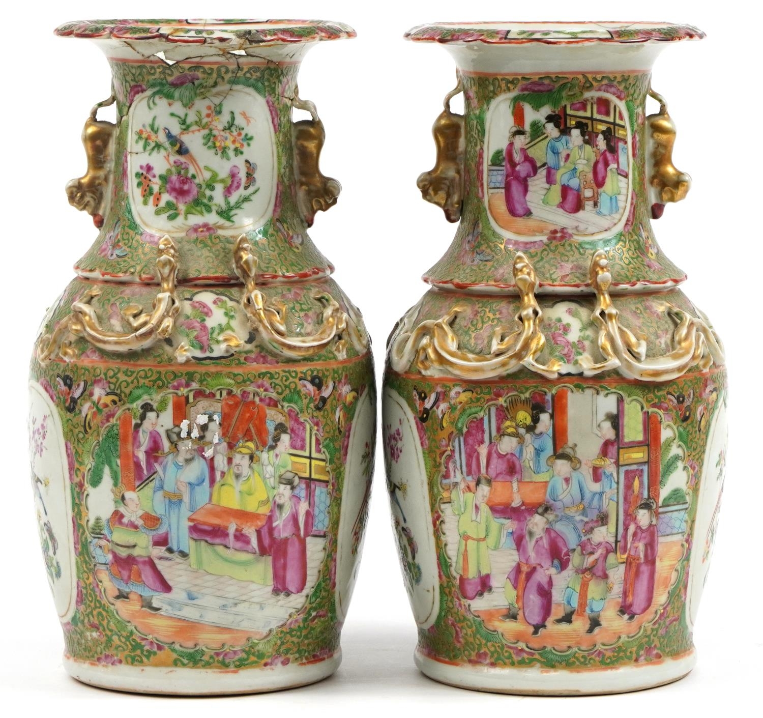 Pair of Chinese Canton porcelain vases with twin handles, each hand painted in the famille rose