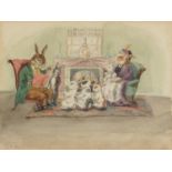 Interior scene with rabbits, comical watercolour, possibly from Peter Rabbit, mounted, framed and