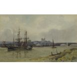 M Bernard 1900 - Ships on an estuary before a bridge, watercolour, original labels including J R