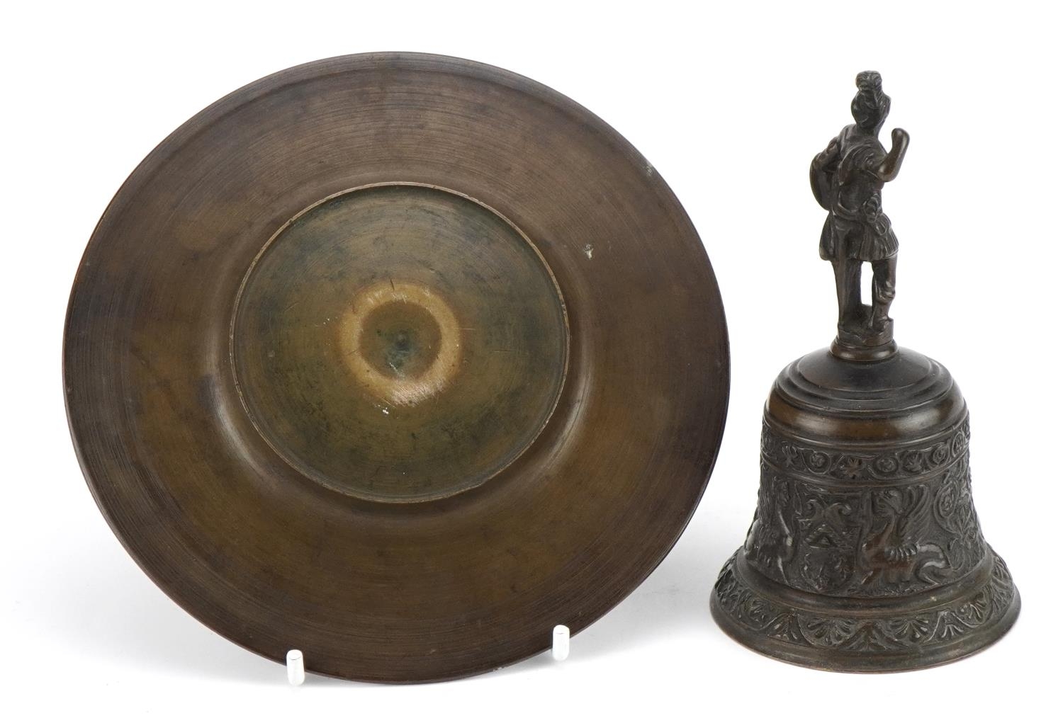 19th century Grand Tour patinated bronze bell on stand with figural handle cast with mythical - Image 3 of 4