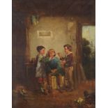 Three children in an interior, antique Dutch oil on canvas, mounted and framed, 40cm x 31.5cm