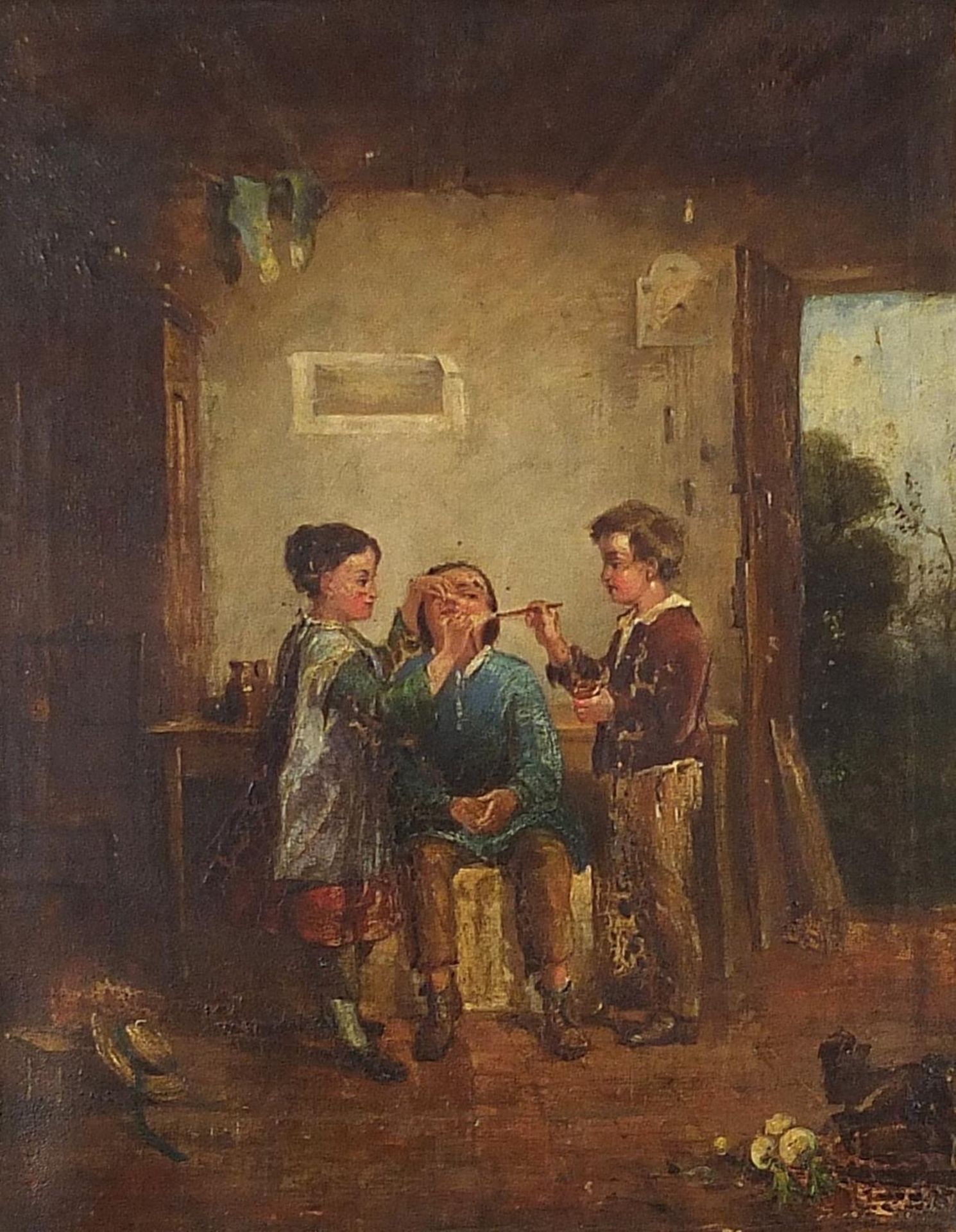 Three children in an interior, antique Dutch oil on canvas, mounted and framed, 40cm x 31.5cm