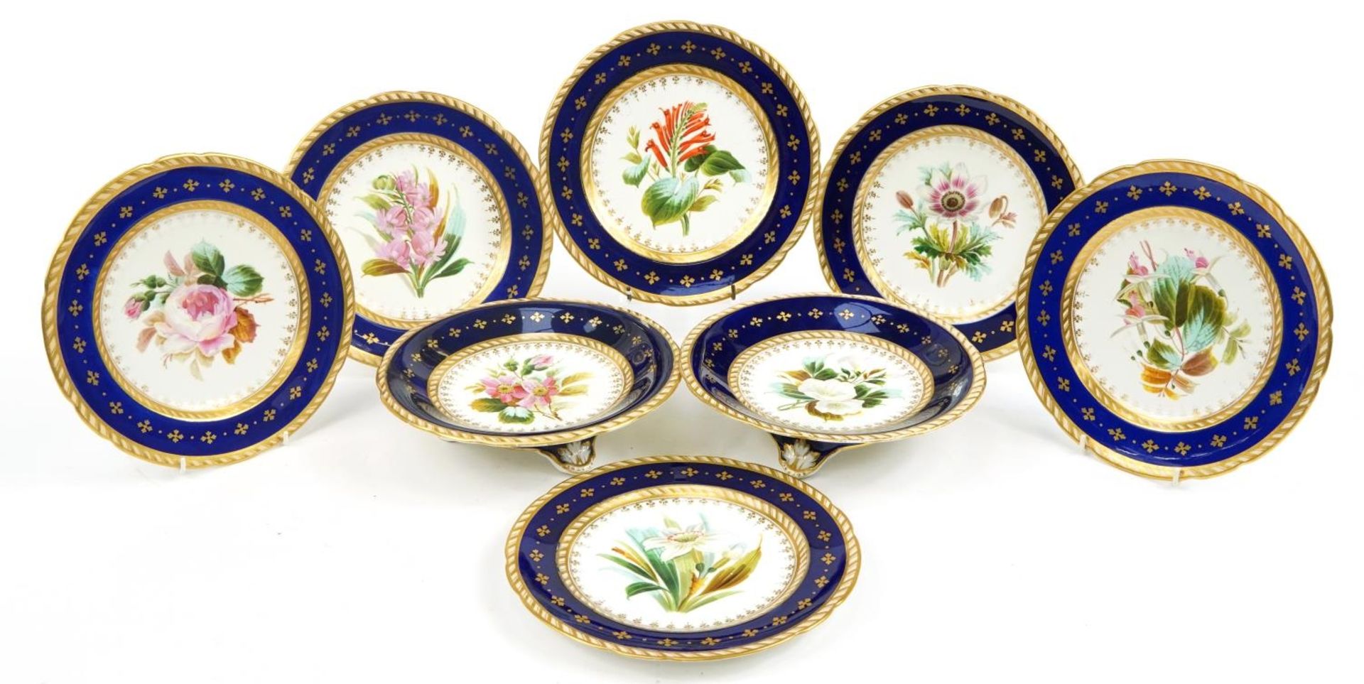 Victorian porcelain eight piece desert service hand painted and gilded with flowers, impressed marks