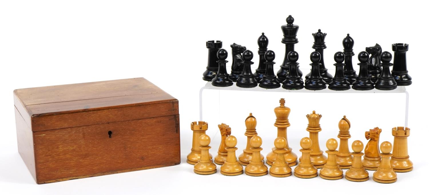 J Jaques & Sons, 19th century Staunton Chessmen pattern ebony and boxwood chess set with fitted