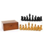 J Jaques & Sons, 19th century Staunton Chessmen pattern ebony and boxwood chess set with fitted