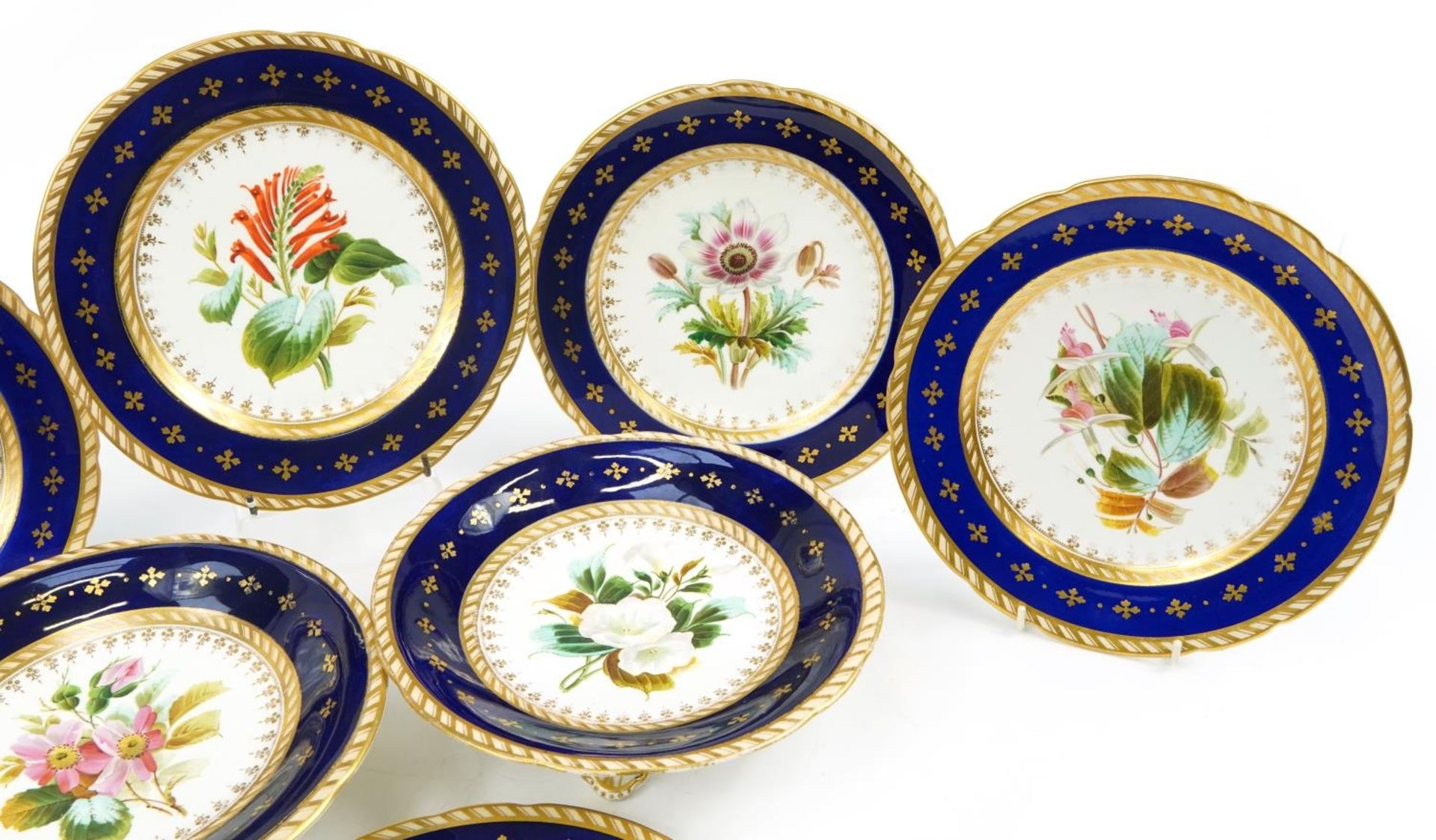 Victorian porcelain eight piece desert service hand painted and gilded with flowers, impressed marks - Bild 3 aus 4