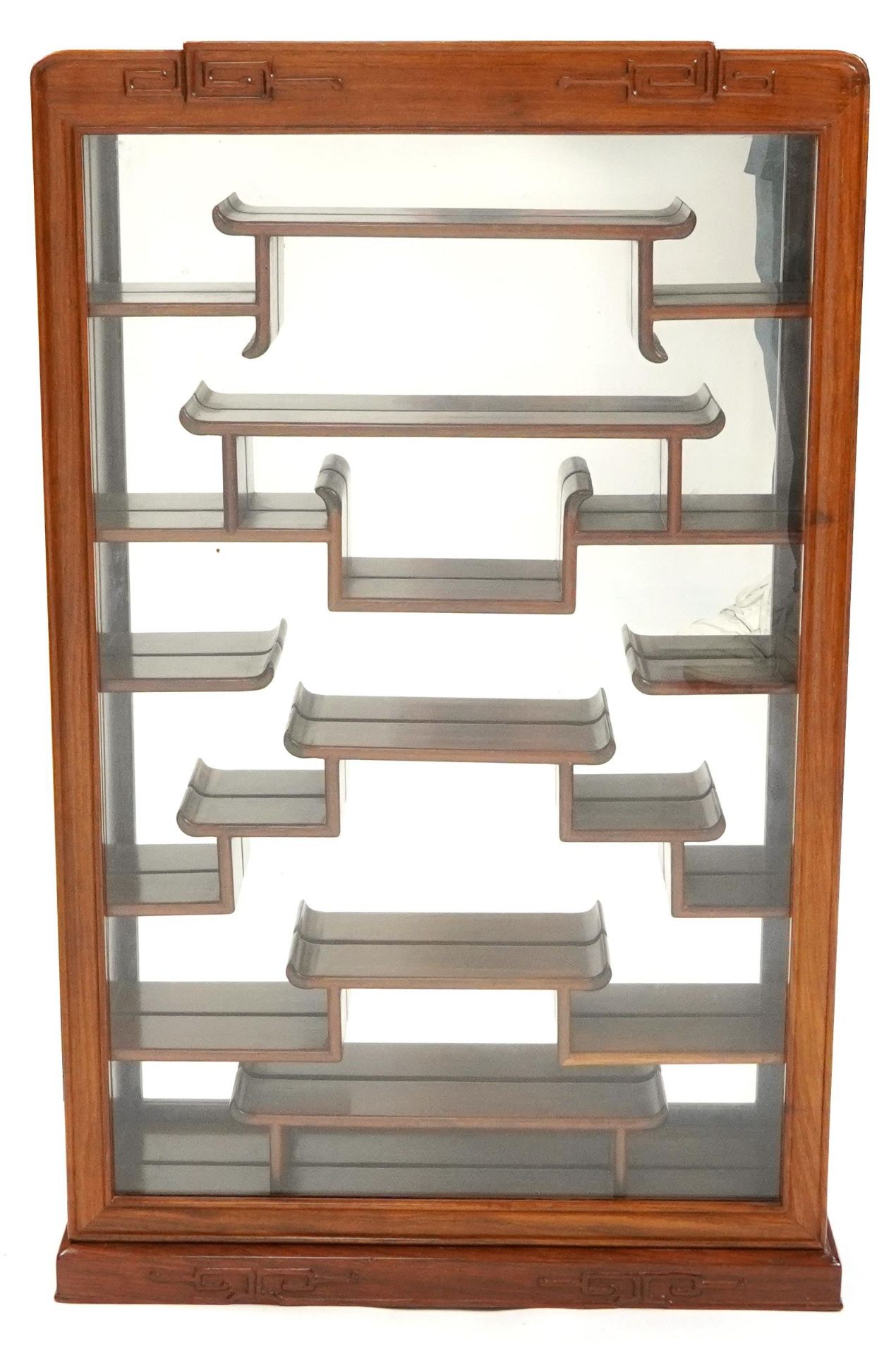 Chinese hardwood wall hanging display case with glazed door, 82.5cm H x 52.5cm W x 11.5cm D