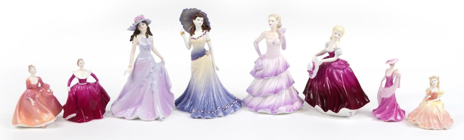 Eight Coalport figurines including Ladies of Fashion Carolyn, Emma, Bolero and Amanda, the largest